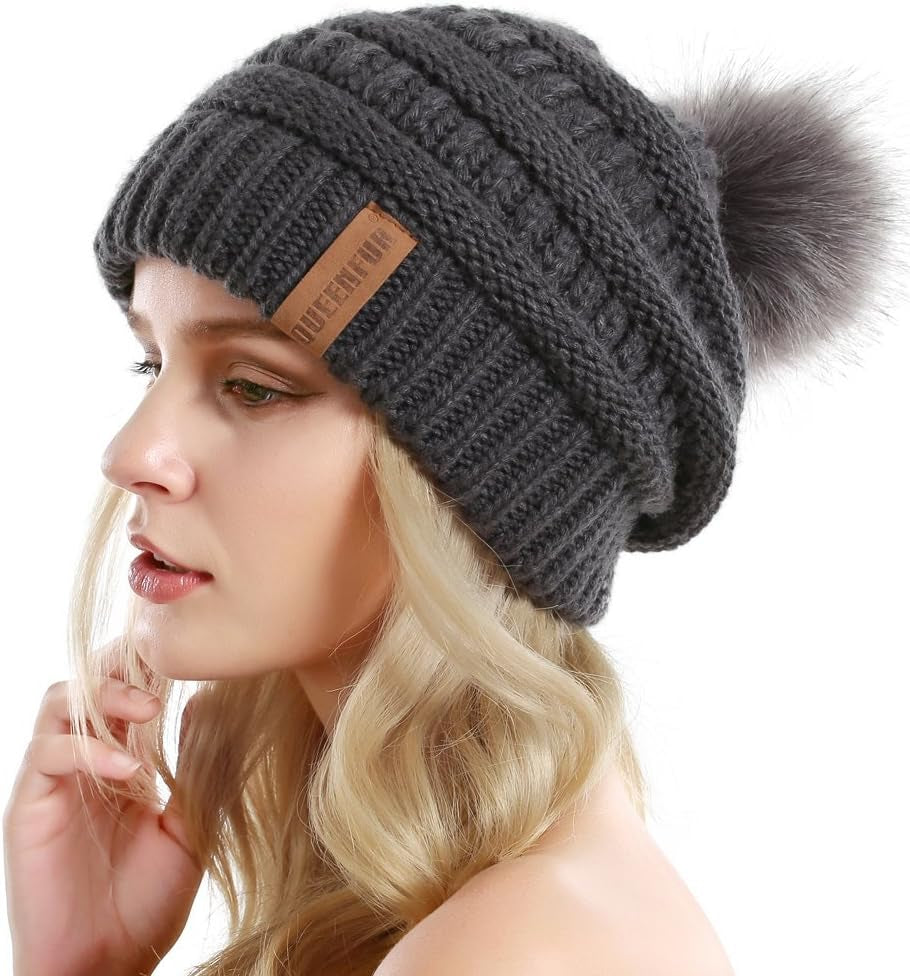 Women Knit Slouchy Beanie Chunky Baggy Hat with Faux Fur Pompom Winter Soft Warm Ski Cap