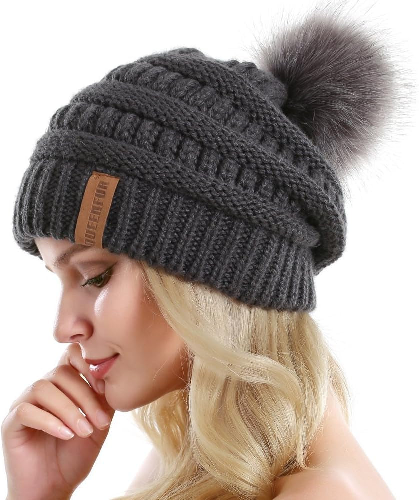 Women Knit Slouchy Beanie Chunky Baggy Hat with Faux Fur Pompom Winter Soft Warm Ski Cap