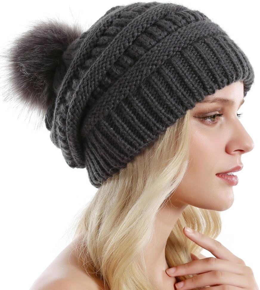 Women Knit Slouchy Beanie Chunky Baggy Hat with Faux Fur Pompom Winter Soft Warm Ski Cap