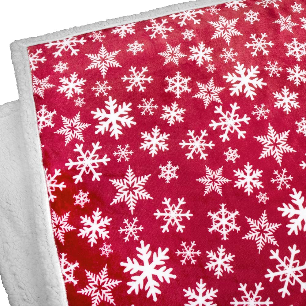 Premium Christmas Sherpa Throw Blanket | Red Snowflake Decoration, Fleece, Plush, Warm, Cozy Reversible Microfiber Holiday Blanket 50 X 60