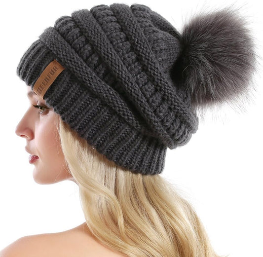 Women Knit Slouchy Beanie Chunky Baggy Hat with Faux Fur Pompom Winter Soft Warm Ski Cap