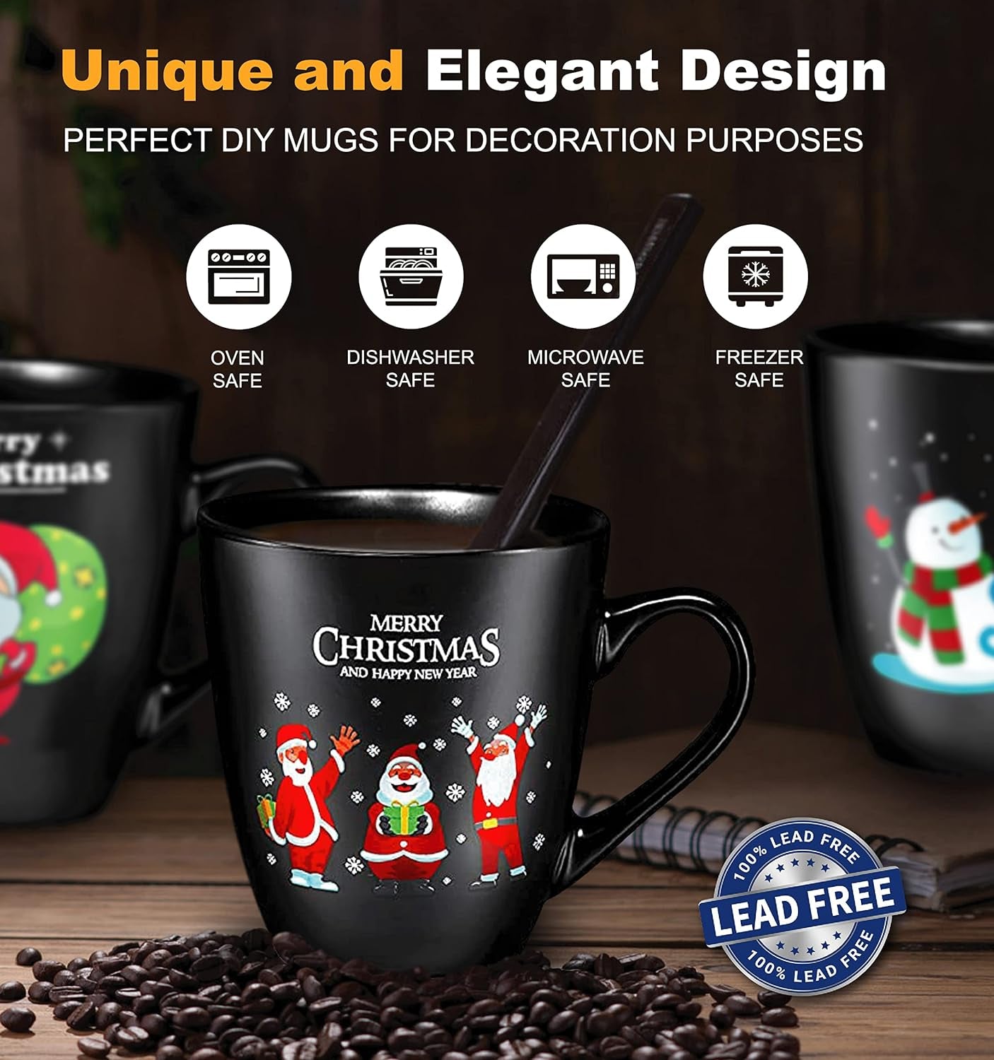 16 Oz Ceramic Christmas Theme Coffee Mug Set of 6, Best Coffee Mug for Your Christmas Gift, Party Occasion, Durable Durable Material,Sturdy Handles, Cappacino, Tea Cups,Birthday Gift,