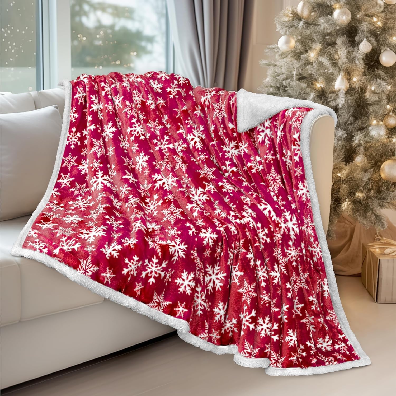 Premium Christmas Sherpa Throw Blanket | Red Snowflake Decoration, Fleece, Plush, Warm, Cozy Reversible Microfiber Holiday Blanket 50 X 60