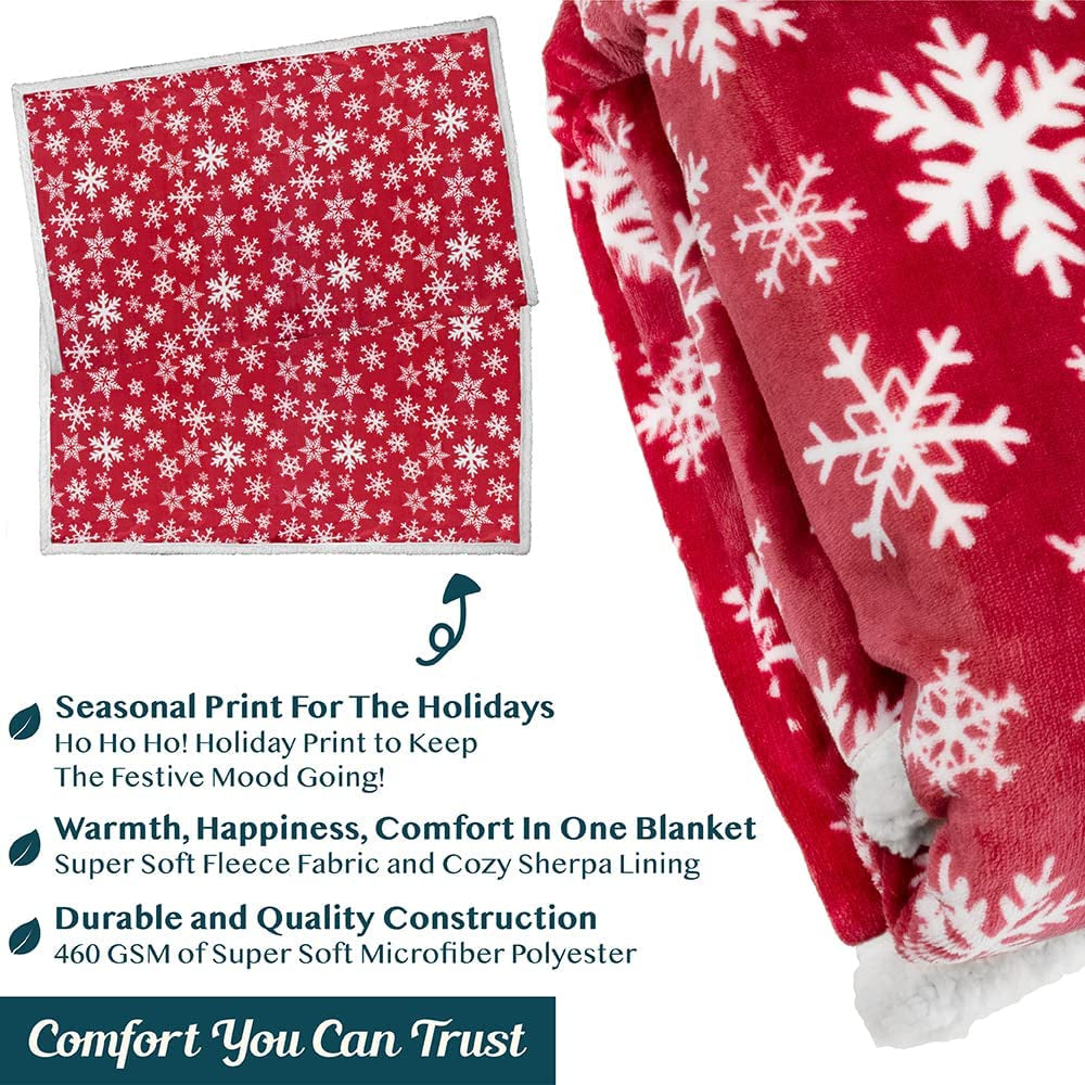 Premium Christmas Sherpa Throw Blanket | Red Snowflake Decoration, Fleece, Plush, Warm, Cozy Reversible Microfiber Holiday Blanket 50 X 60