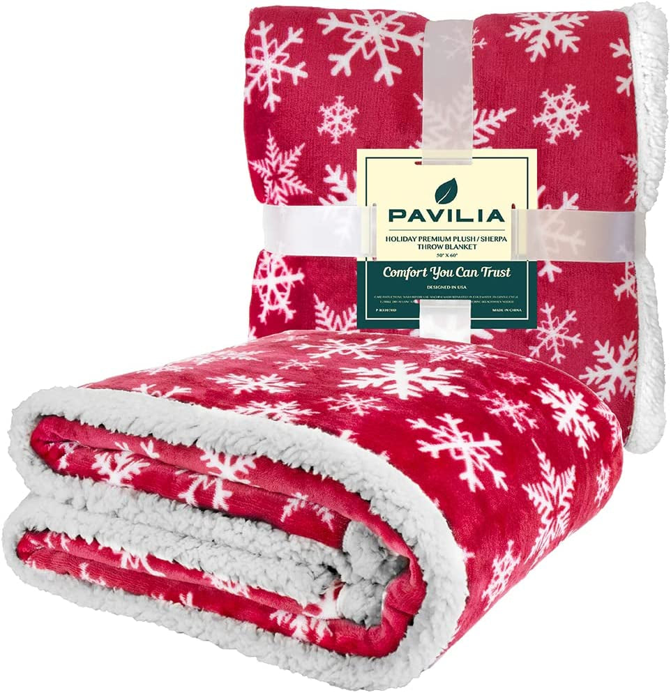 Premium Christmas Sherpa Throw Blanket | Red Snowflake Decoration, Fleece, Plush, Warm, Cozy Reversible Microfiber Holiday Blanket 50 X 60