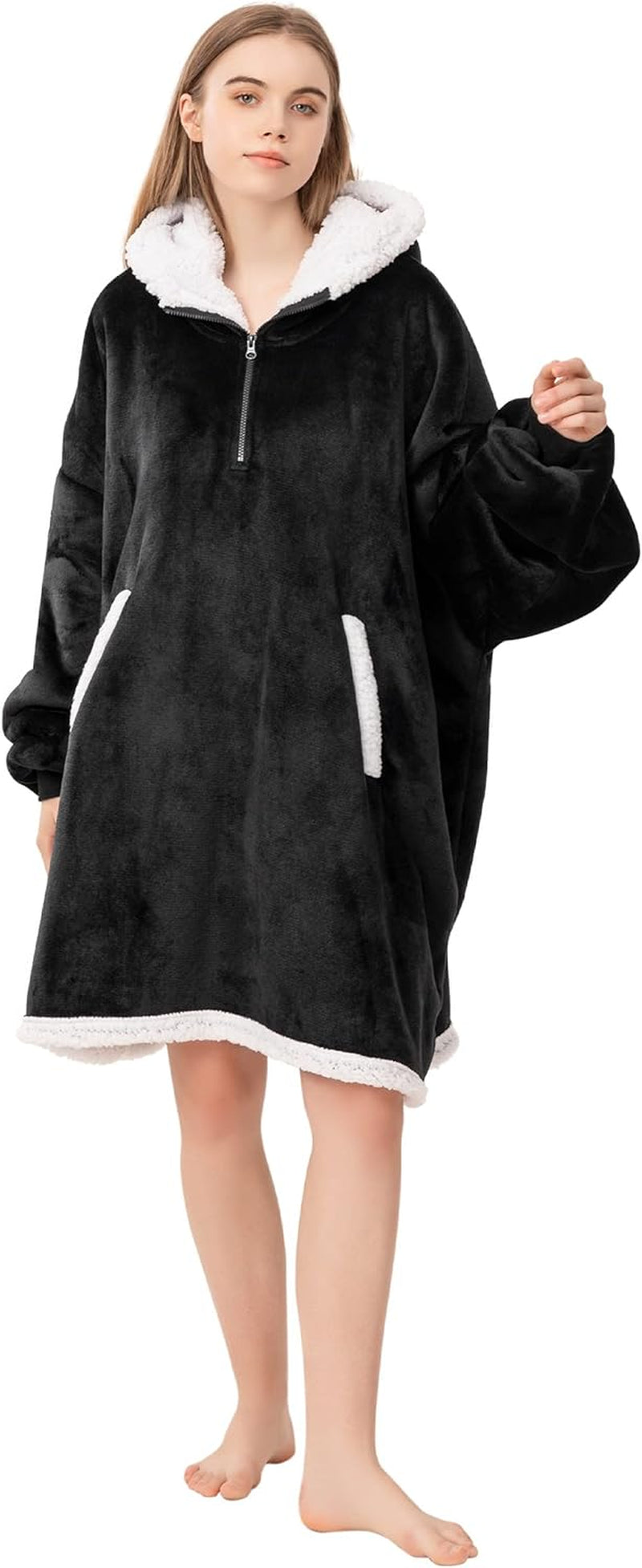 Blanket Hoodie Wearable Blanket, Super Soft Warm Oversized Blanket Sweatshirt Flannel Sherpa Blanket